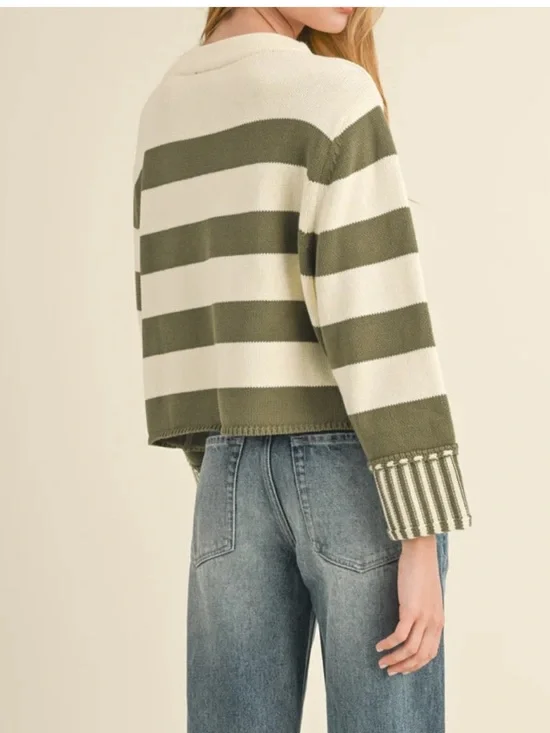Miou muse size medium cream and green stripe sweater top - Picture 3 of 4
